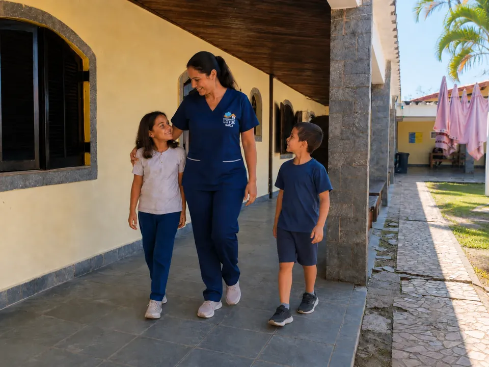 Profissional caminhando com crianças no Residencial Lótus